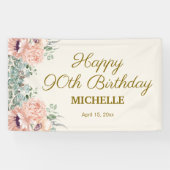 Roze Bloemen Gouden Glitter Gelukkige 90ste Verjaa Spandoek (Horizontaal)