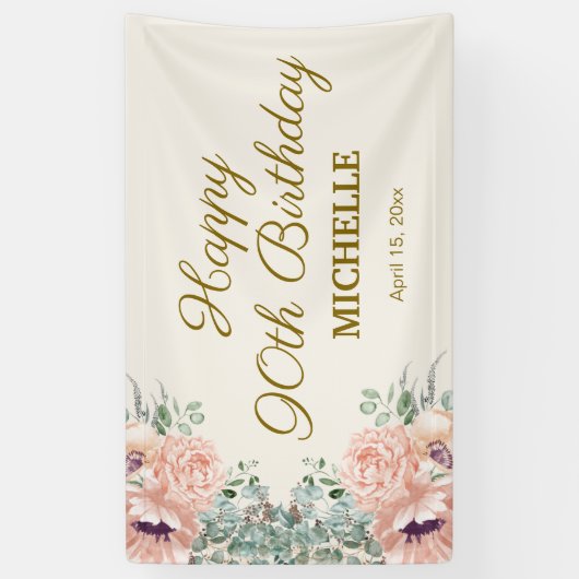 Roze Bloemen Gouden Glitter Gelukkige 90ste Verjaa Spandoek (Verticaal)