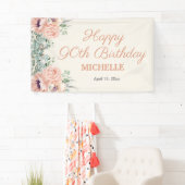 Roze Bloemen Gouden Glitter Gelukkige 90ste Verjaa Spandoek (Insitu)