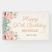 Roze Bloemen Gouden Glitter Gelukkige 90ste Verjaa Spandoek (Horizontaal)