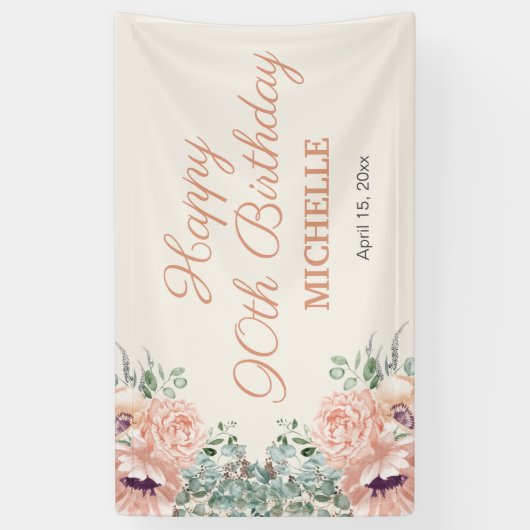 Roze Bloemen Gouden Glitter Gelukkige 90ste Verjaa Spandoek (Verticaal)