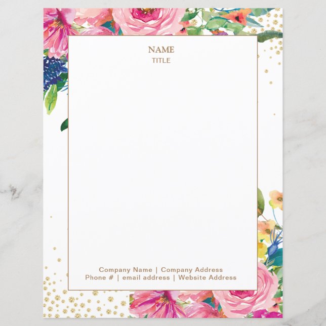 Roze Bloemen Gouden Glitter Letterhead (Voorkant)