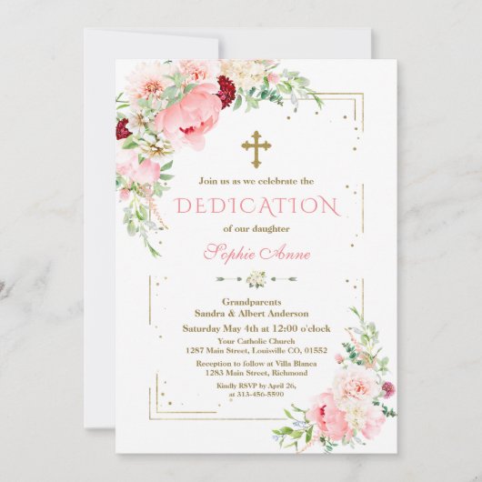 Roze Bloemen Gouden Glitter Lijst Widmung Kaart (Voorkant)