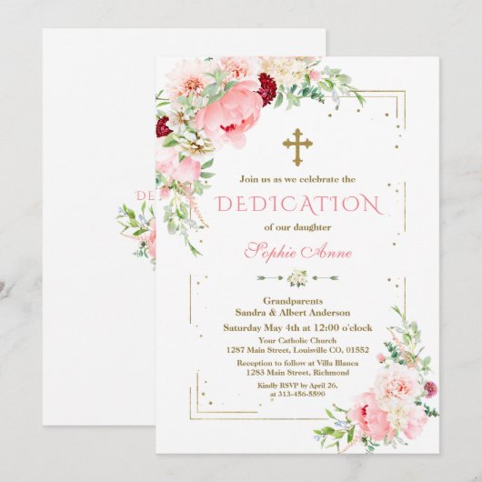 Roze Bloemen Gouden Glitter Lijst Widmung Kaart (Voorkant / Achterkant)