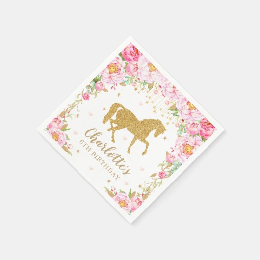 Roze Bloemen Gouden Glitter Paard Verjaardag Baby Servet (Hoek)