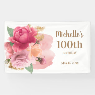 Roze Bloemen Gouden Glitters 100ste Verjaardagsfee Spandoek