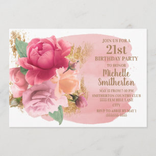 Roze Bloemen Gouden Glitters 21e Verjaardagsfeestj Kaart