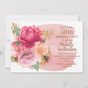 Roze Bloemen Gouden Glitters 50ste Verjaardagsfees Kaart