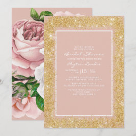 Roze Bloemen Gouden Glitters Bruiloftsfeest Kaart