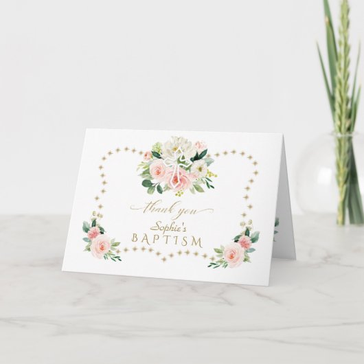 Roze Bloemen Gouden Glitters Vonken Kruis Doop Bedankkaart (Voorkant)