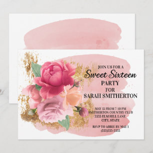 Roze Bloemen Gouden Glitters Zoete 16 Verjaardagsf Kaart