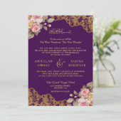 Roze Bloemen Gouden Kant Paarse Moslim bruiloft Kaart (Staand voorkant)
