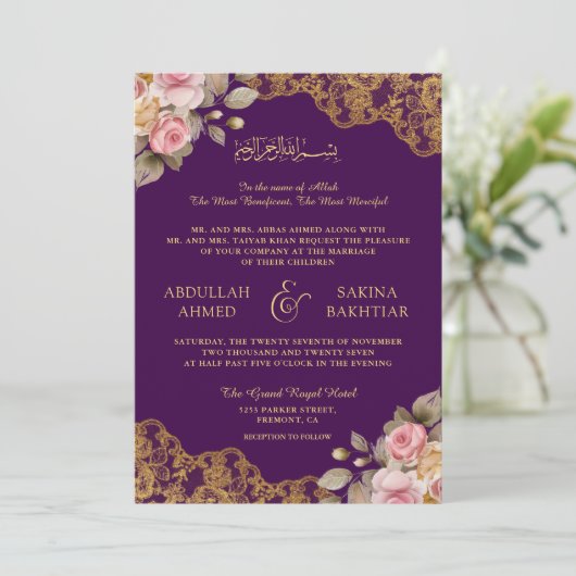 Roze Bloemen Gouden Kant Paarse Moslim bruiloft Kaart (Staand voorkant)