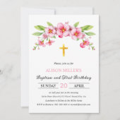 Roze bloemen gouden kruis doop en eerste verjaarda kaart (Voorkant)