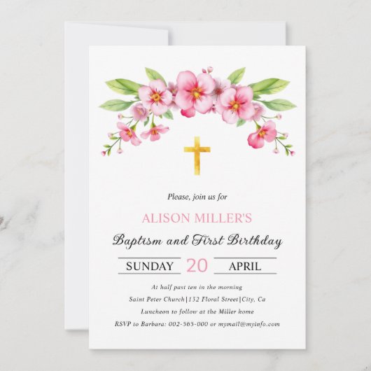 Roze bloemen gouden kruis doop en eerste verjaarda kaart (Voorkant)
