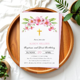 Roze bloemen gouden kruis doop en eerste verjaarda kaart