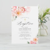 Roze Bloemen Gouden Kruis Doop Kaart (Staand voorkant)