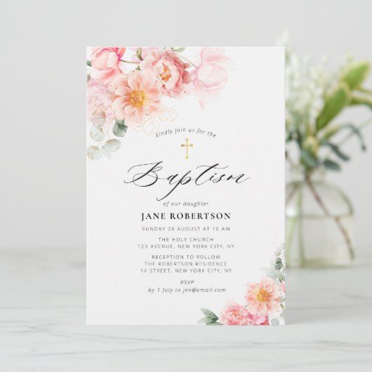 Roze Bloemen Gouden Kruis Doop Kaart (Staand voorkant)