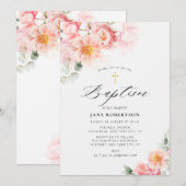 Roze Bloemen Gouden Kruis Doop Kaart (Voorkant / Achterkant)