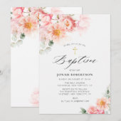 Roze Bloemen Gouden Kruis Doop Kaart (Voorkant / Achterkant)