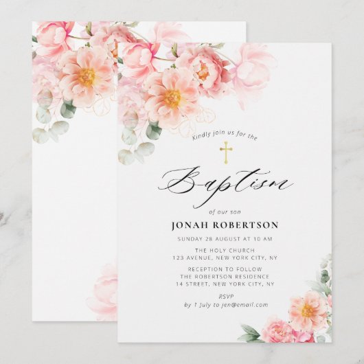 Roze Bloemen Gouden Kruis Doop Kaart (Voorkant / Achterkant)