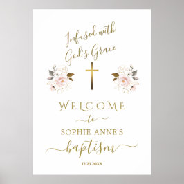 Roze Bloemen Gouden Meisje Doop Welkom Bord Poster