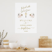 Roze Bloemen Gouden Meisje Doop Welkom Bord Poster (Keuken)