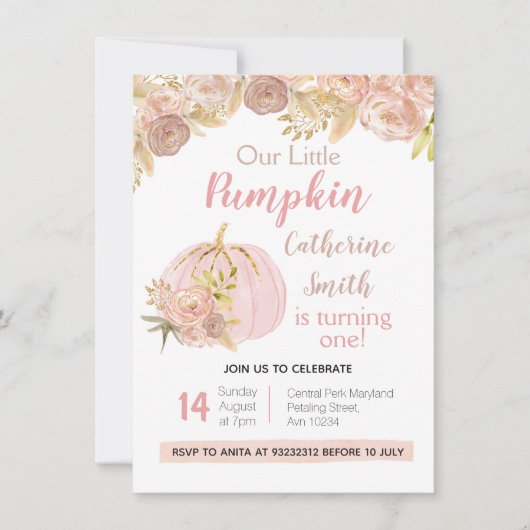 Roze Bloemen Gouden Pompoen 1e Verjaardag Kaart (Voorkant)