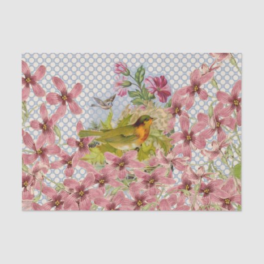 roze bloemen gouden rode vogelpoka stippen tissuepapier (Voorkant)