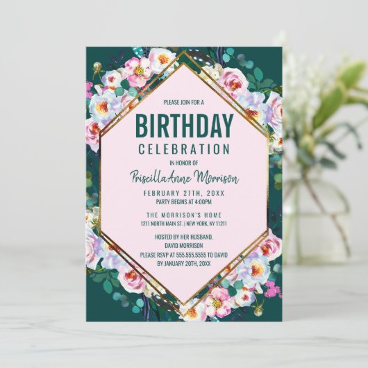 Roze Bloemen Gouden Trim Emerald Jade Verjaardag Kaart (Staand voorkant)