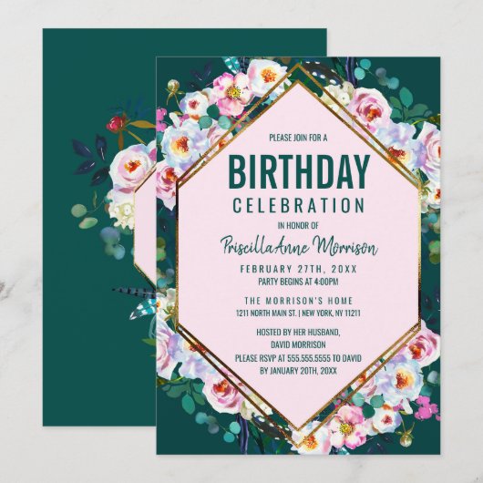 Roze Bloemen Gouden Trim Emerald Jade Verjaardag Kaart (Voorkant / Achterkant)