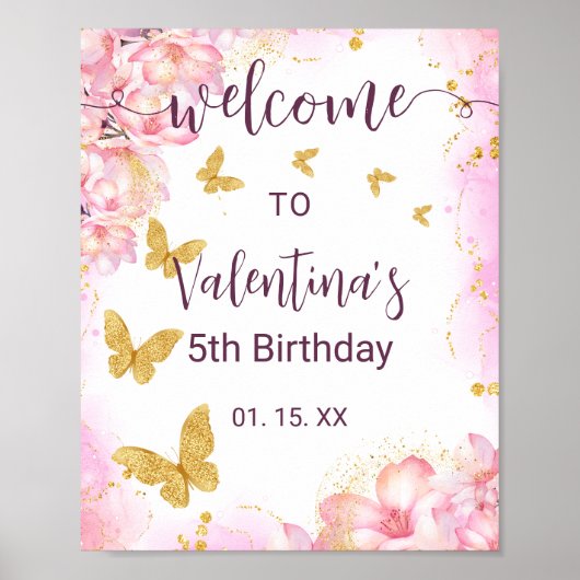 Roze Bloemen Gouden Vlinders Party Welkom Poster (Voorkant)