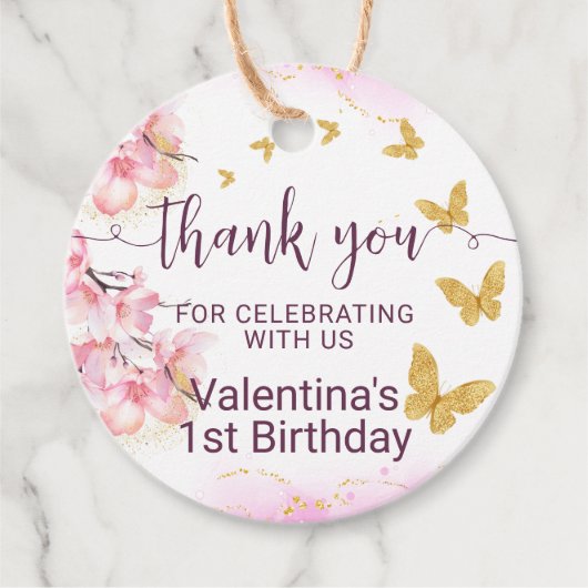 Roze Bloemen Gouden Vlinders Script Dank u Bedankjes Labels (Voorkant)