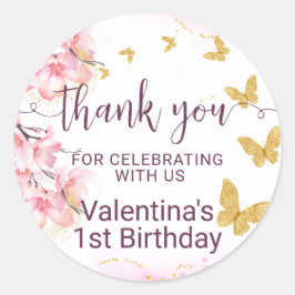 Roze Bloemen Gouden Vlinders Script Dank u Ronde Sticker