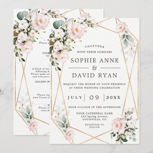 Roze bloemen goudLijst in één keer Kaart (Voorkant / Achterkant)