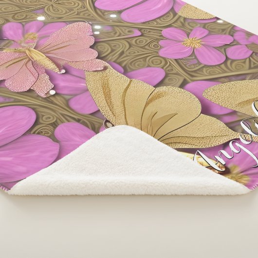 Roze bloemen, goudvlinders en Jouw naam Sherpa Deken (3/4)