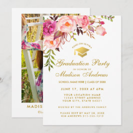 Roze Bloemen Graduation Party Uitnodigen - Terug F Kaart