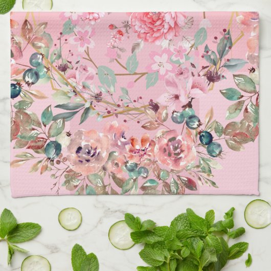Roze Bloemen Graphic Artwork, roze bloemenkrans Theedoek (Gevouwen)