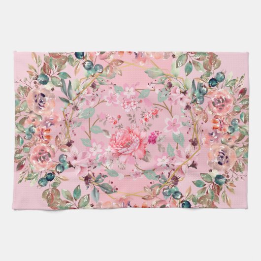 Roze Bloemen Graphic Artwork, roze bloemenkrans Theedoek (Horizontaal)