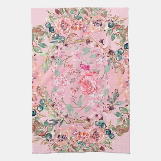 Roze Bloemen Graphic Artwork, roze bloemenkrans Theedoek (Verticaal)