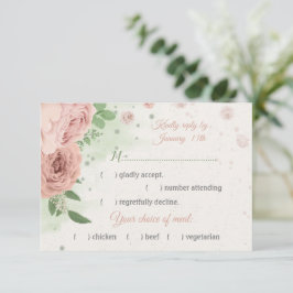 roze bloemen griedig botanische maaltijd keuze RSVP kaartje