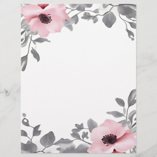 Roze Bloemen Grijs Accent Briefpapier Briefhoofd (Voorkant)