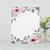 Roze Bloemen Grijs Accent Briefpapier Briefhoofd (Staand voorkant)