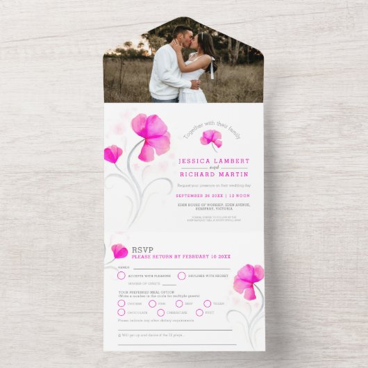 Roze bloemen grijs draaiende waterverf bruiloftsfo all in one uitnodiging (Binnen)