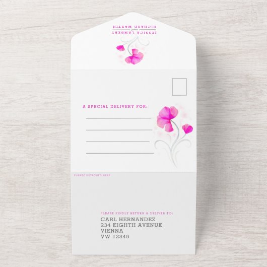 Roze bloemen grijs golvend aquarel bruiloft all in one uitnodiging (Buitenkant)