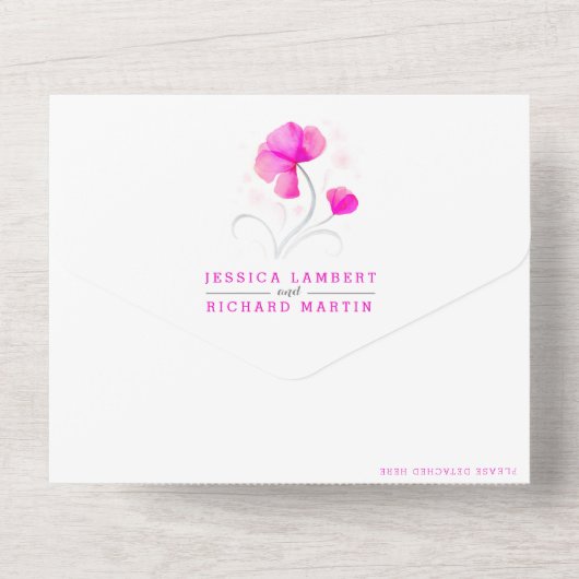 Roze bloemen grijs golvend aquarel bruiloft all in one uitnodiging (Achterkant)