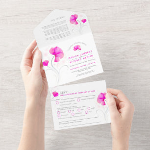 Roze bloemen grijs golvend aquarel bruiloft all in one uitnodiging
