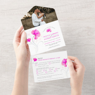 Roze bloemen grijs golvend waterverf trouwfoto all in one uitnodiging