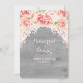Roze Bloemen Grijs Hout Repetitie Diner Party Kaart (Voorkant)