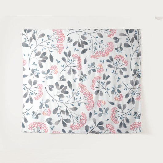 Roze Bloemen Grijze Bladen Patroon Girly Design Wandkleed (Voorkant (horizontaal))